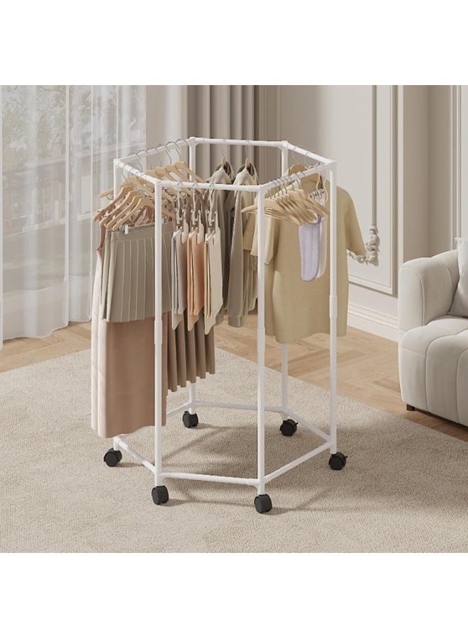 هابي هوم شماعة ملابس دوارة بعجلات 360° – رف ملابس محمول قائم بذاته بهيكل معدني متين 16 ملم بتصميم سداسي – تنظيم فعال وسهل الوصول لجميع الملابس في غرف النوم، الخزائن، والمنازل – تخزين متعدد الاستخدامات للمحلات والمنزل 120*36*75سم - Image 2